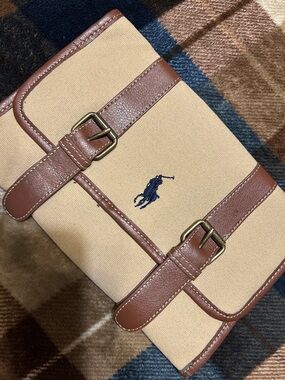 Ralph Lauren Beige Canvas Toiletry Roll with Brown Leather Trim & Navy Polo